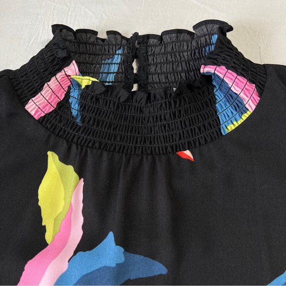 THML Anthropologie Smocked Neck Ruffle Sleeve Black Abstract Top Sz L NWOT - Picture 3 of 11